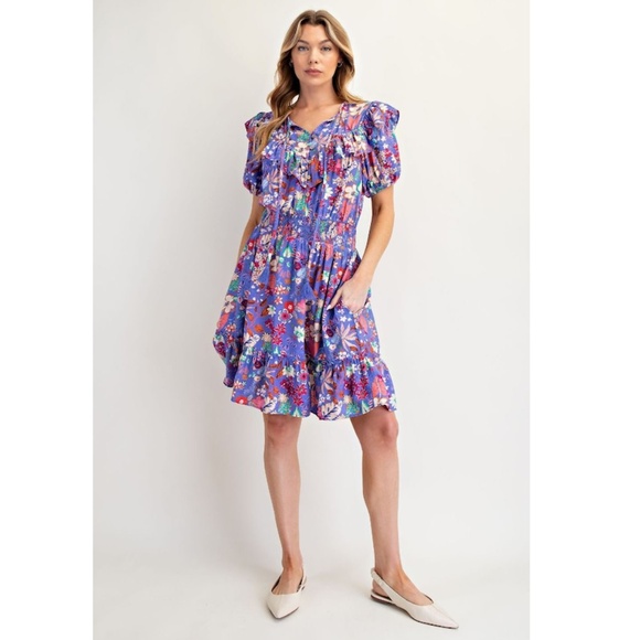 POL “The Gabriella" Periwinkle Floral Print Tiered Dress with Pockets - Picture 2 of 4